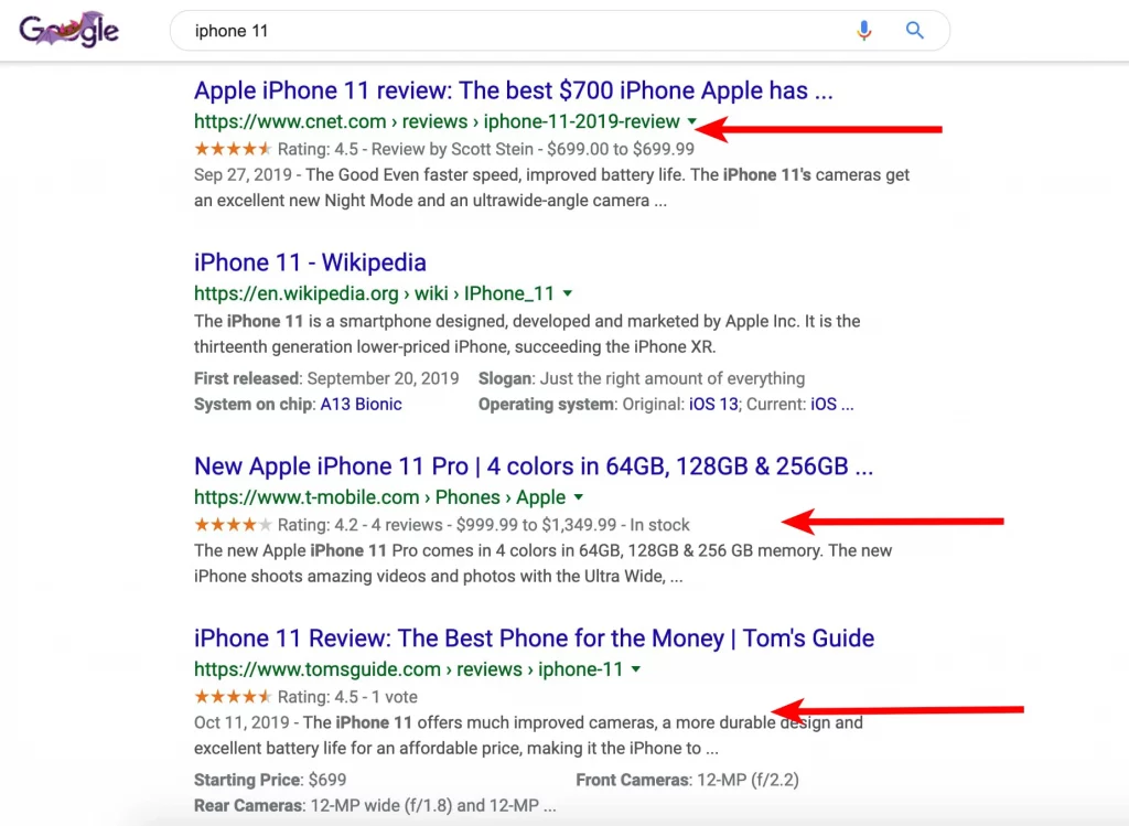 an example of schema markup showing details for a search of iphone 11