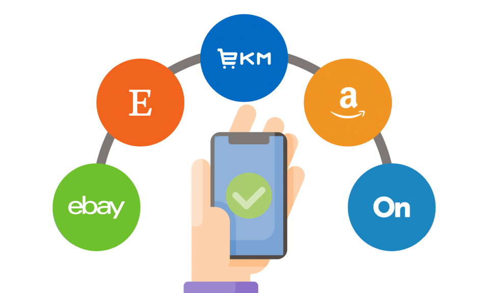 a graphic showing multi-channel integration for ekm, ebay, etsy, amazon, and onbuy