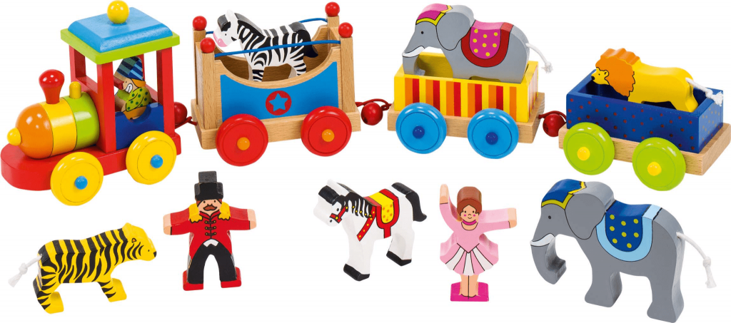 A wooden circus train from Little Fawn makes a great small business Christmas gift