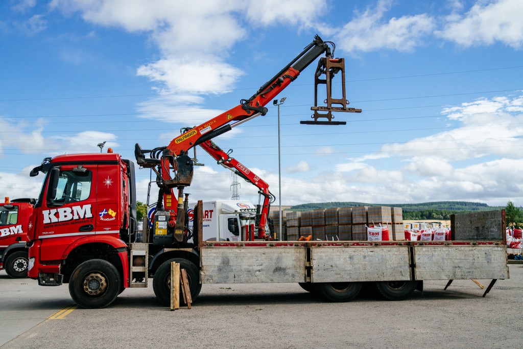 a flatbed truck sits outside the Aberdeen branch of Keith Builders Merchant