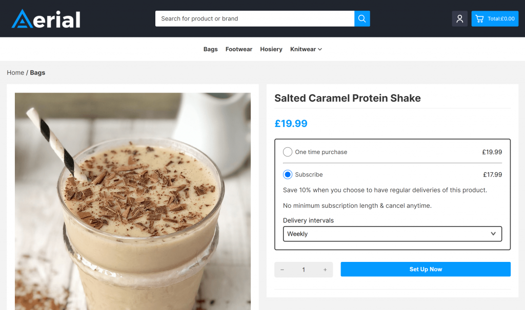 an ekm website shows a user buying a protein shake using subscriptions